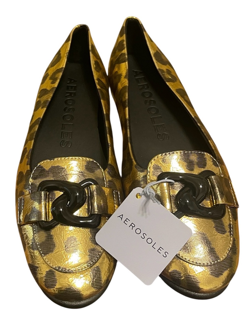 AEROSOLES Metallic Gold Animal Print Almond Toe Ballet Flat Loafers sz 10 NIB